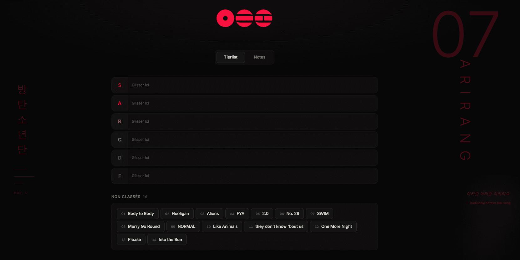 Interface tierlist d'Arirang : rangs S à F vides à remplir, titres non classés de l'album et typographie coréenne verticale.