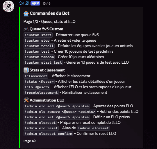 Message Discord du bot : liste des commandes (queue 5v5, stats & classement, administration ELO).