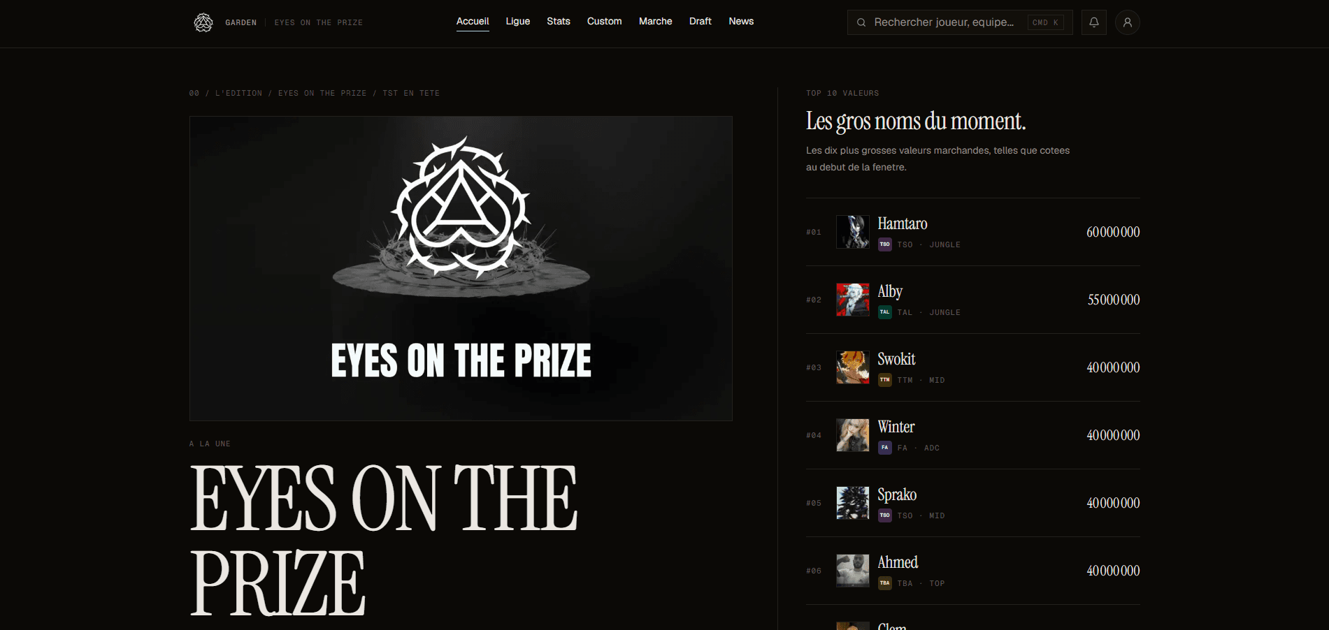 Homepage de Garden : bannière « Eyes on the prize » et liste des plus grosses valeurs de joueurs du moment.